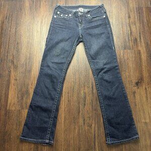 TRUE RELIGION HiRise Boot Jeans Rhinestone Flap Pocket Dark Wash Women’s Size 28